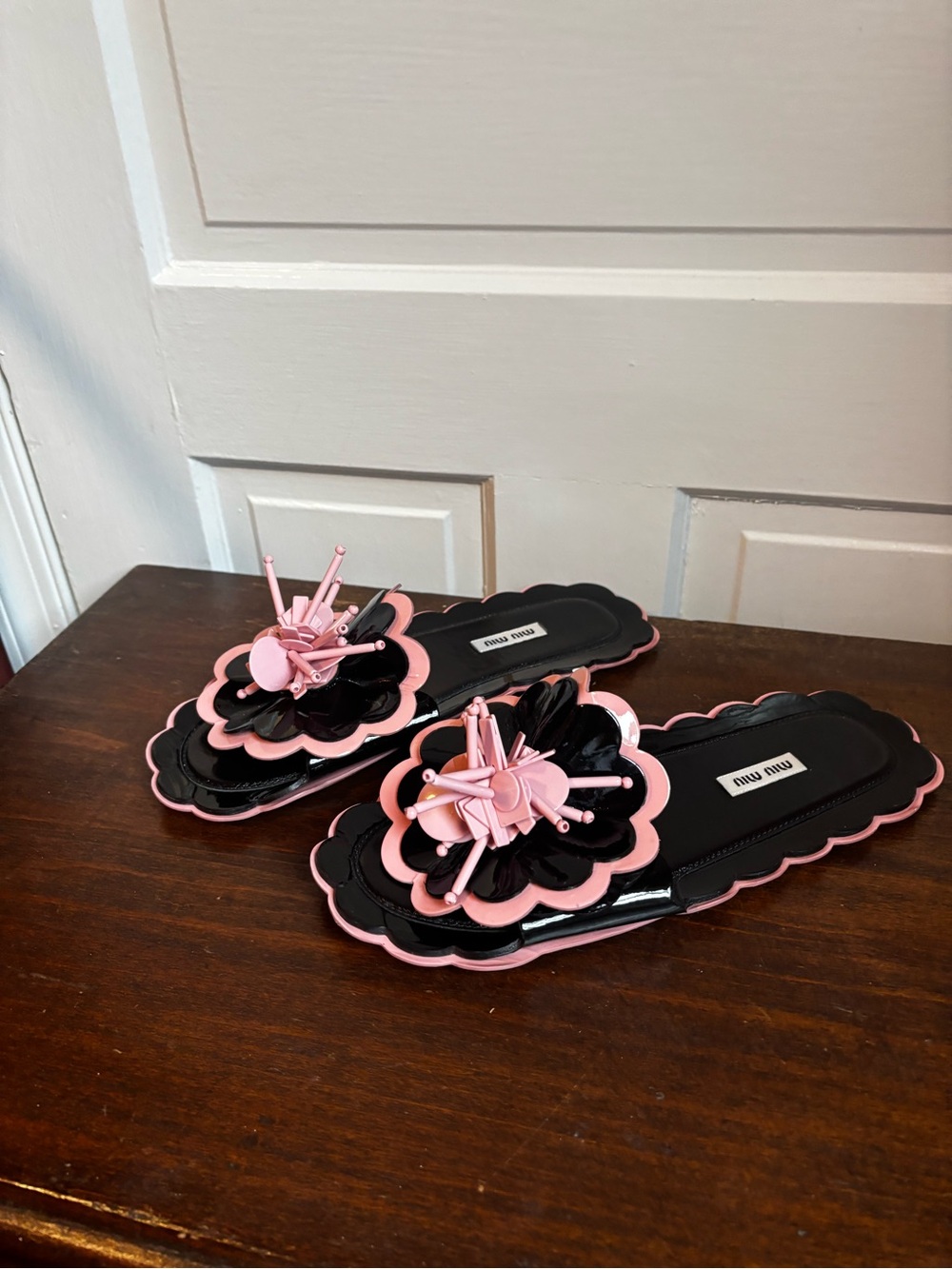 Miu Miu Black and Pink Floral Appliqué Slide Sandals